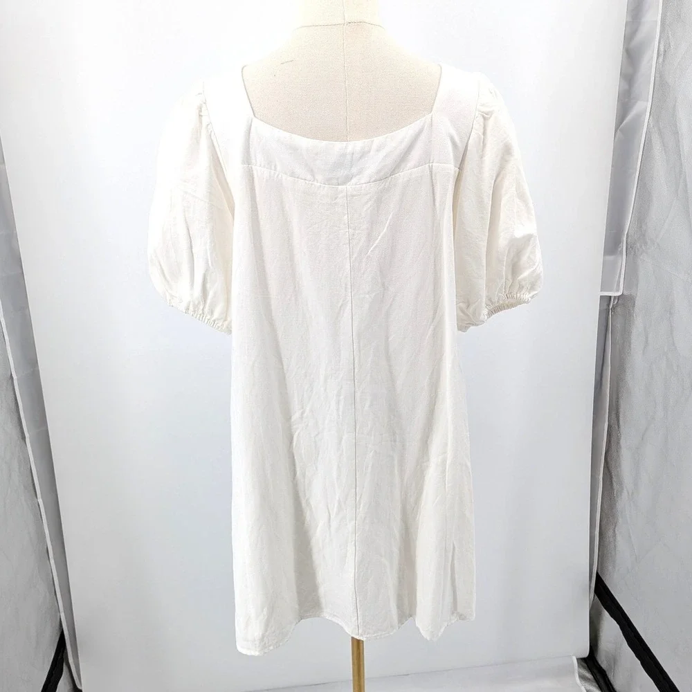 Crescent Linen Blend Dress Puff Sleeve Square Neck Cream Mini‎ L Summer Chic